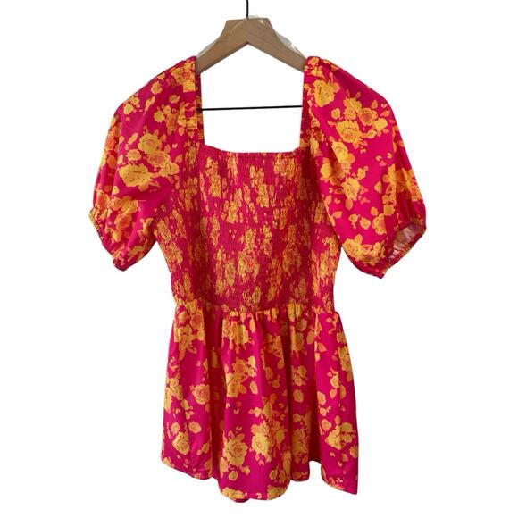 Anthropologie Jodifl Top Medium Orange Pink Smocked Puff Sleeve Cottagecore New - Picture 1 of 7